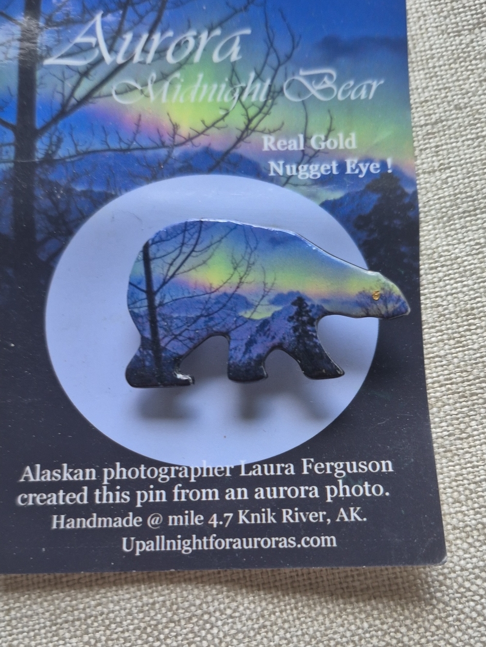 Aurora Bear Pin From ALASKA.  Hand Made By Artist Listed below the Bear.